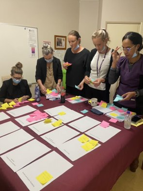 Women participating in workshop writing and looking at post-its at a table